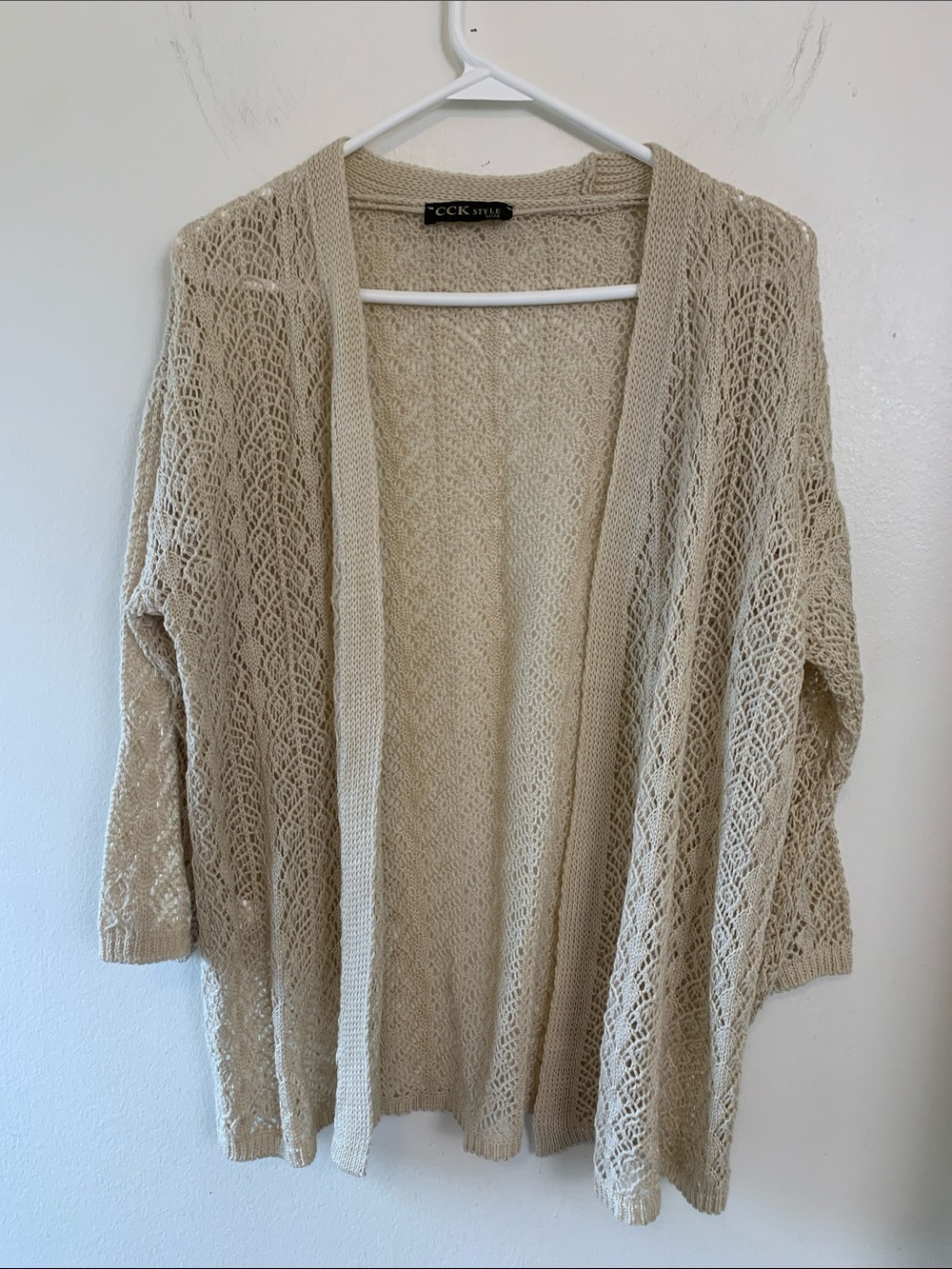 Open-Weave Beige Wool Blend Cardigan Office Sweater